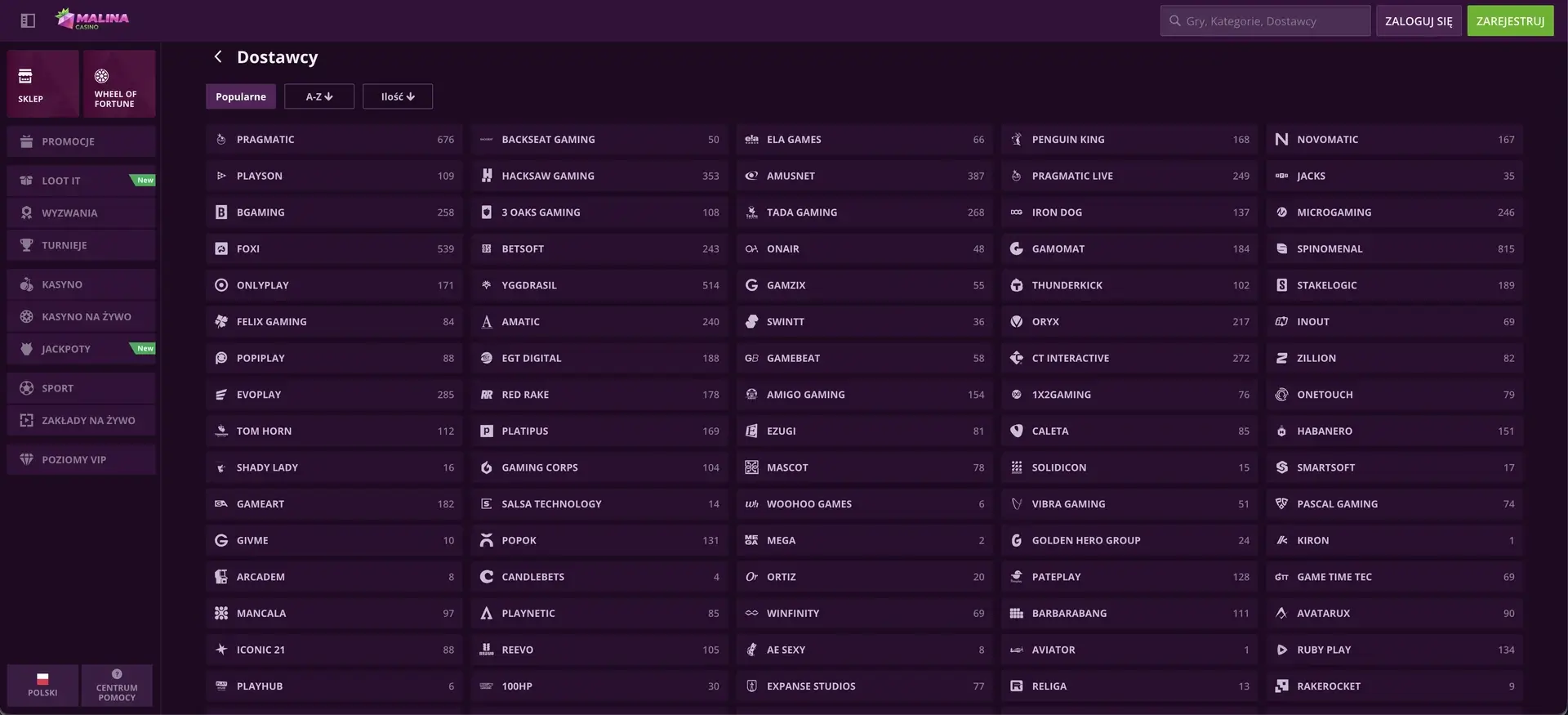 Lista dostawców gier